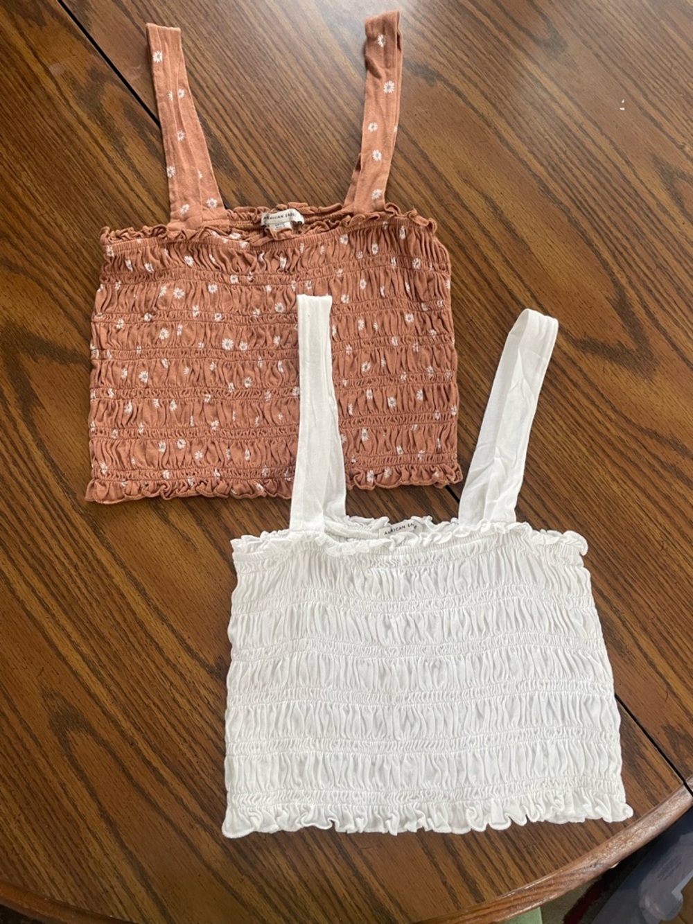 American Eagle Outfitters Smocked Crop Tank in White and Rust